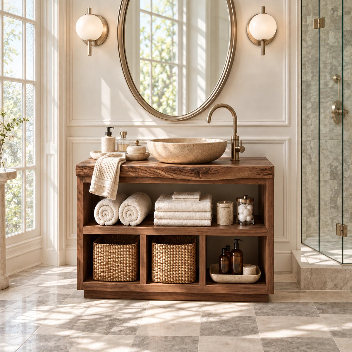 Spacious bathroom storage vanity in natural solid wood with open lower compartments