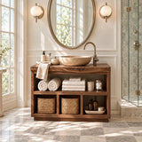 Spacious bathroom storage vanity in natural solid wood with open lower compartments