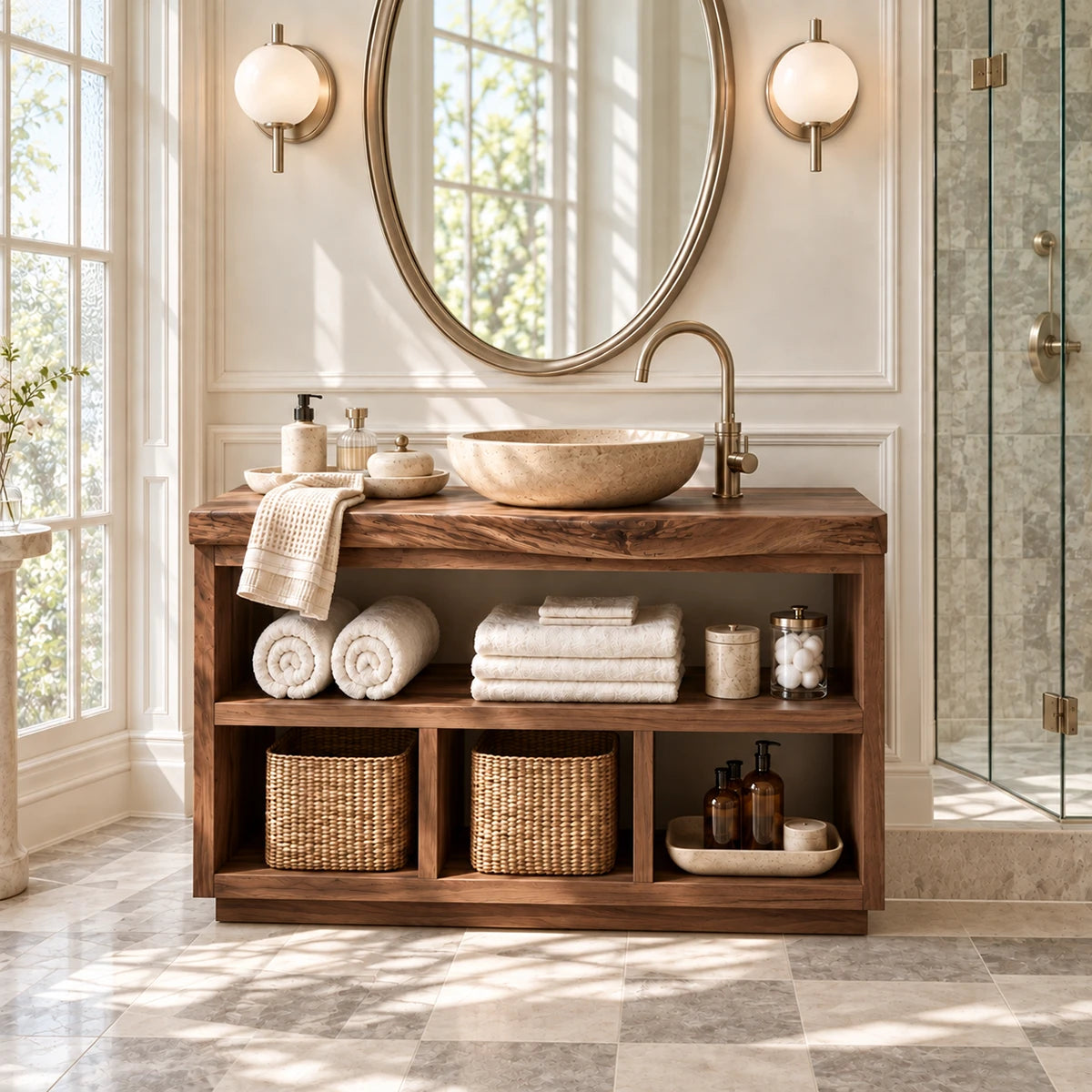 Natural solid wood bath vanity stand with display shelving and everyday storage space