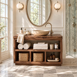 Natural solid wood bath vanity stand with display shelving and everyday storage space