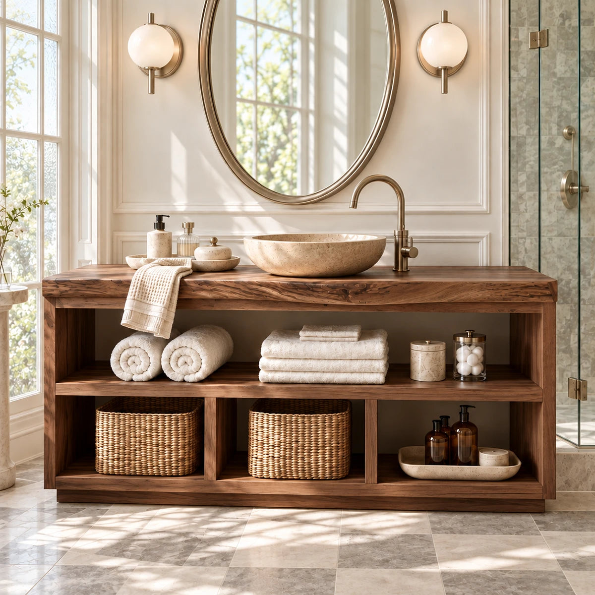 Six compartment bathroom vanity in natural solid wood for towels, decor, and baskets