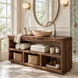 Freestanding bathroom vanity in natural solid wood with open shelving and basket storage