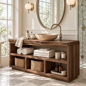 Freestanding bathroom vanity in natural solid wood with open shelving and basket storage