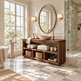Open shelf bath vanity in natural solid wood with folded towel space and baskets