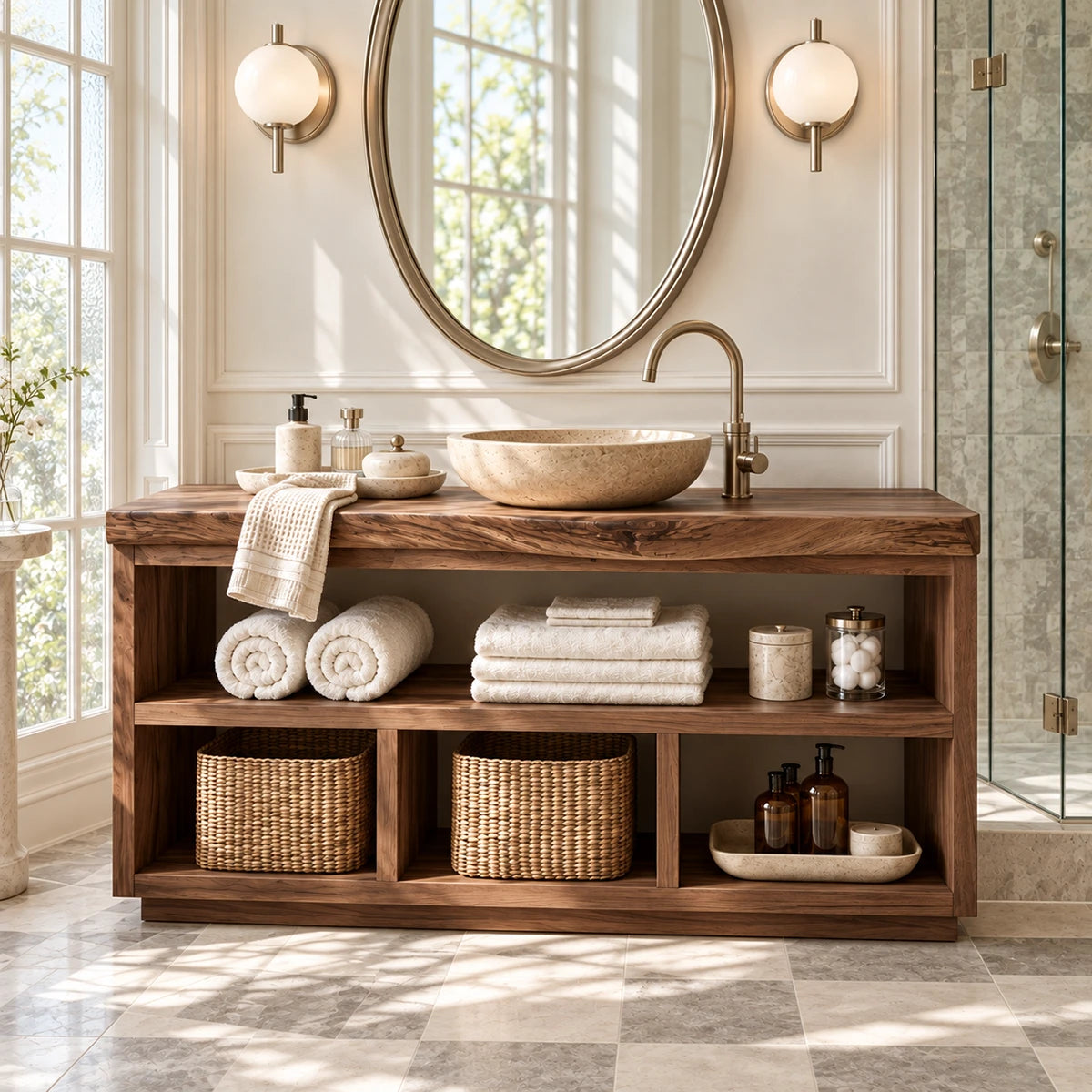 Natural solid wood vanity cabinet with open cubbies for towels, baskets, and decor