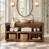 Natural solid wood vanity cabinet with open cubbies for towels, baskets, and decor