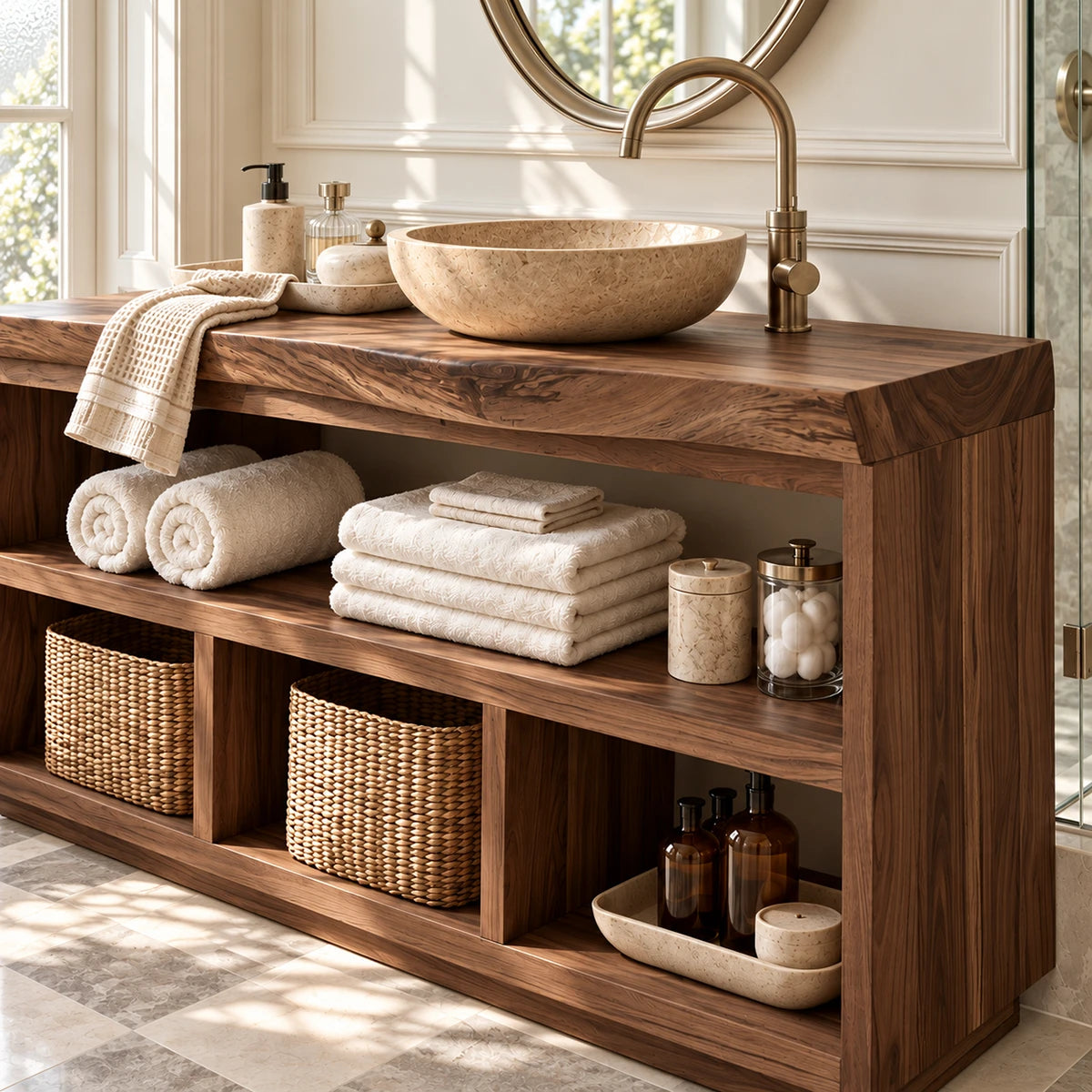 Linen storage bathroom vanity in natural solid wood with spacious open compartments