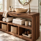 Linen storage bathroom vanity in natural solid wood with spacious open compartments