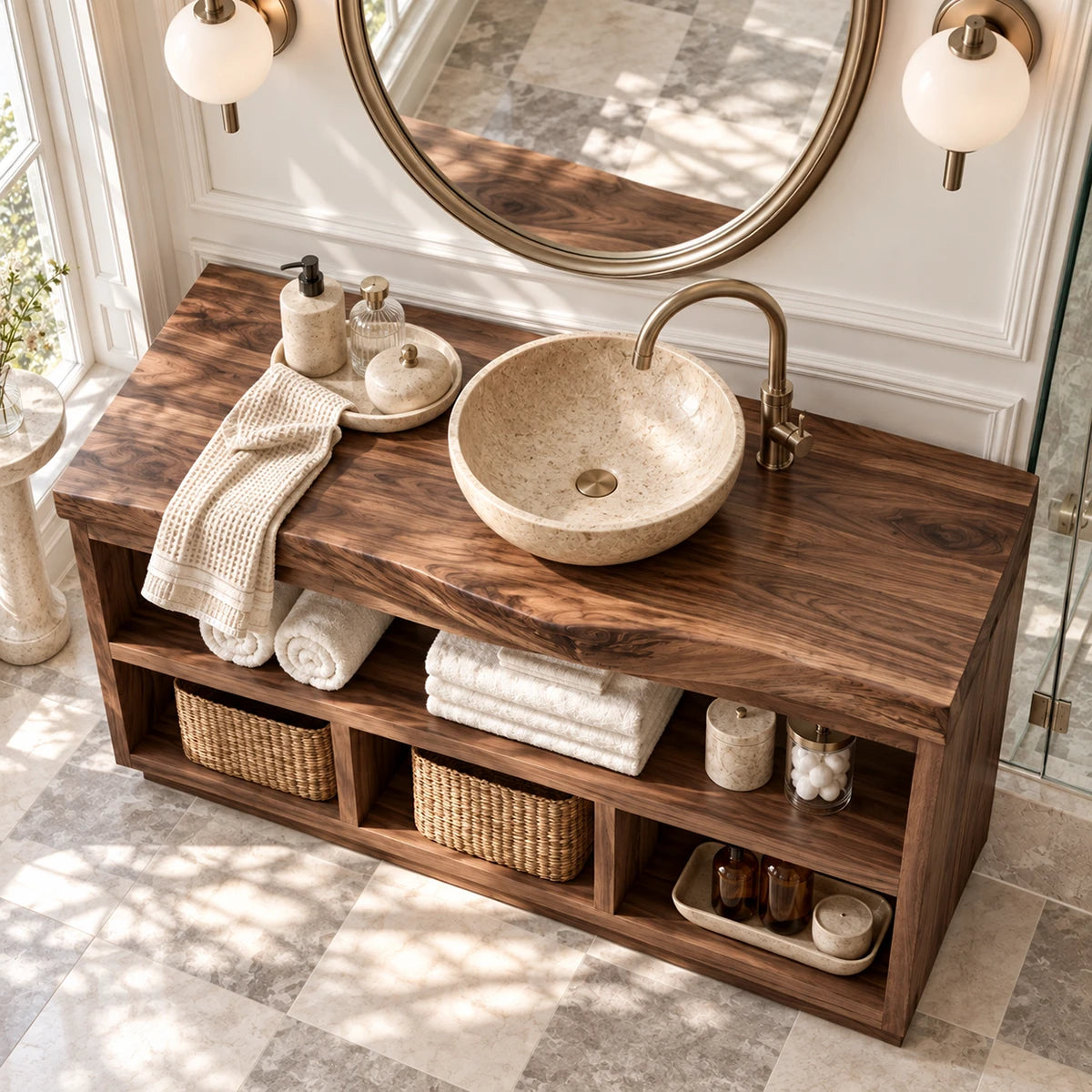 Bathroom console in natural solid wood with open front shelving for daily essentials