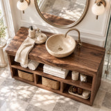 Bathroom console in natural solid wood with open front shelving for daily essentials