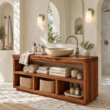 Minimalist bath storage unit in natural solid wood with towels and woven baskets