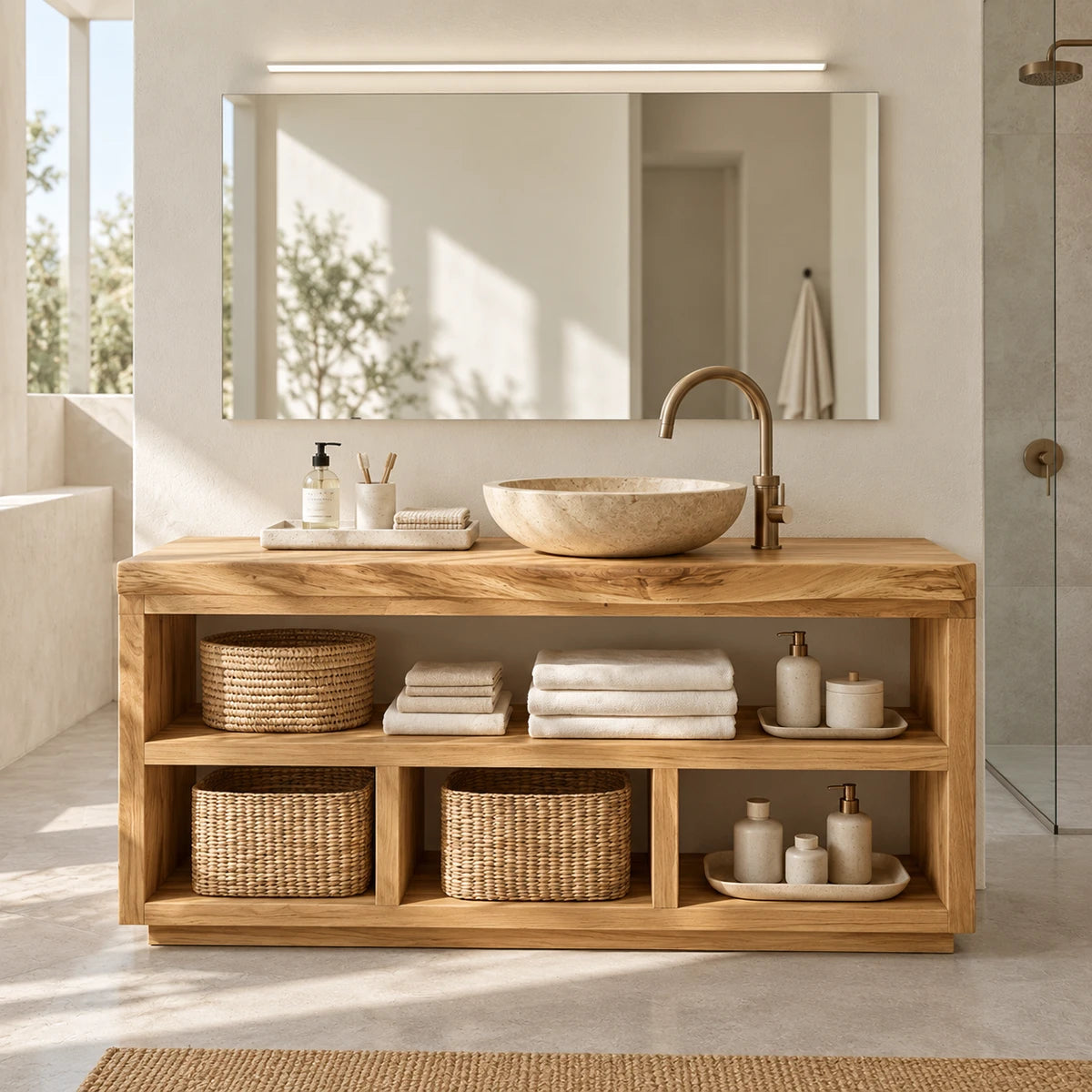 Organized bathroom vanity in natural solid wood with shelf space for towels and baskets