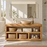 Organized bathroom vanity in natural solid wood with shelf space for towels and baskets