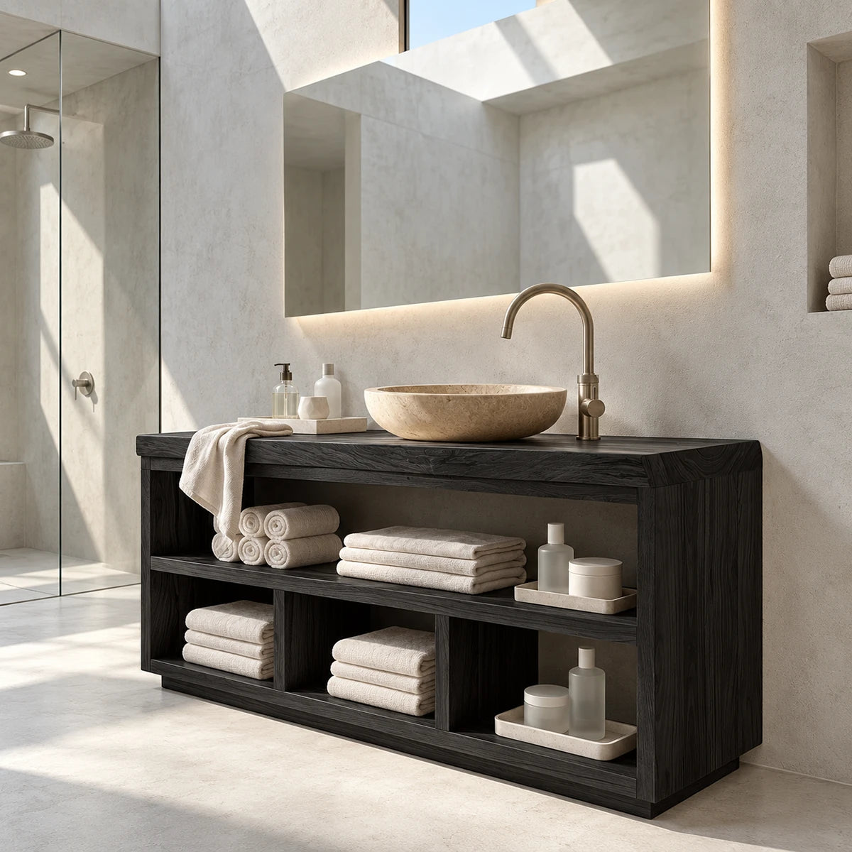 Practical vanity furniture in natural solid wood with tiered shelves and cubby storage