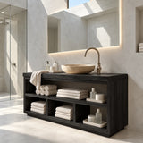 Practical vanity furniture in natural solid wood with tiered shelves and cubby storage