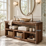 Clean lined bath console in natural solid wood with roomy shelves and basket cubbies