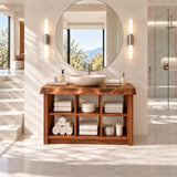 Refined bathroom console in natural solid wood with practical shelf storage layout