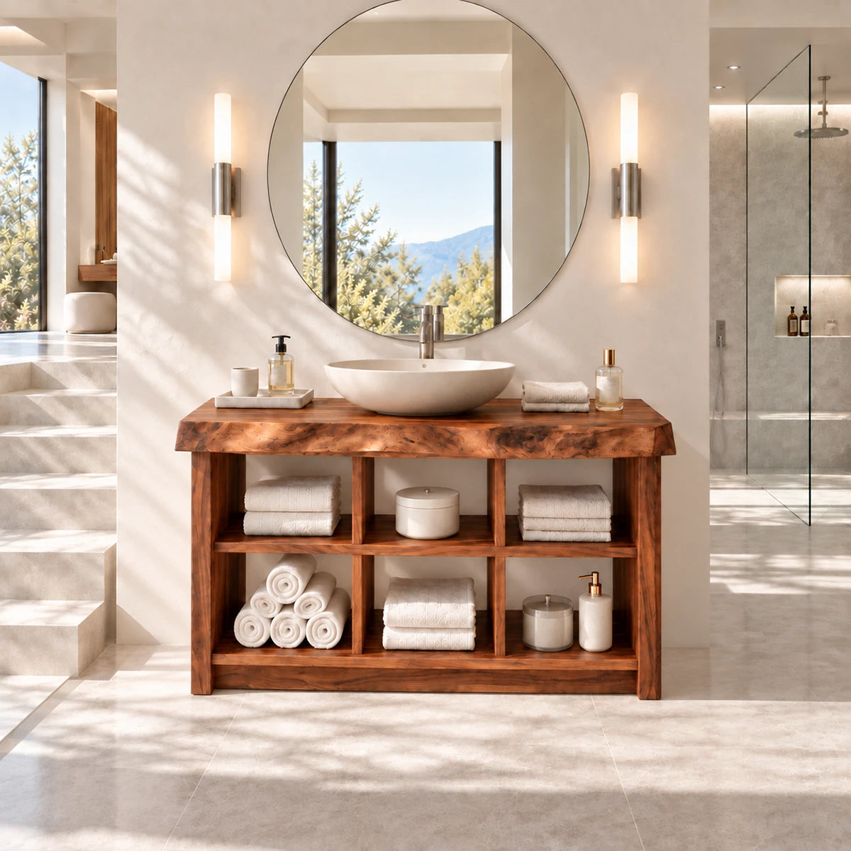 Gallery worthy vanity unit in natural solid wood with open display storage compartments