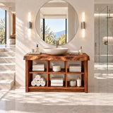 Gallery worthy vanity unit in natural solid wood with open display storage compartments