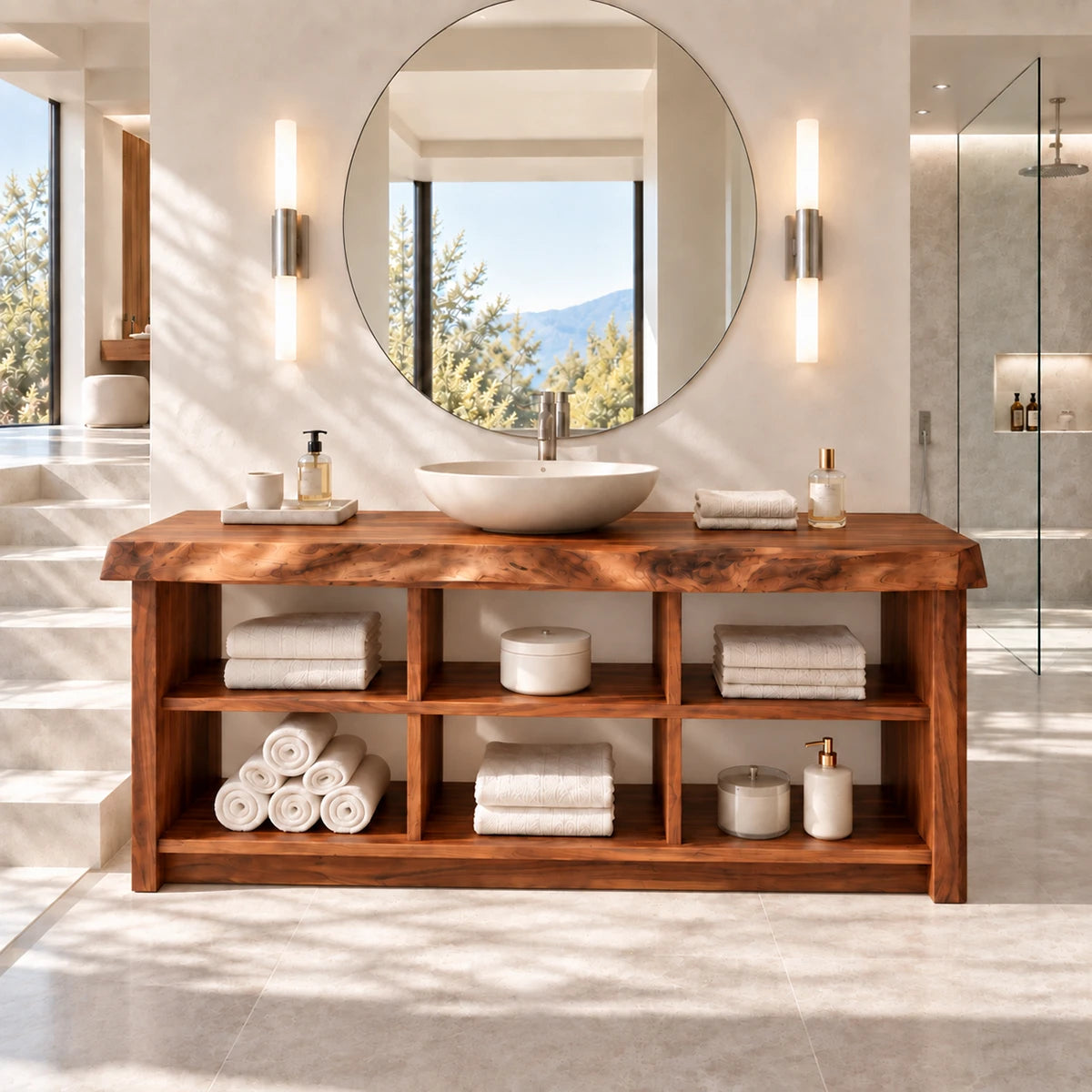Linear bath vanity in natural solid wood with six compartment open shelving below