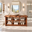 Freestanding bathroom vanity in natural solid wood with six open storage cubbies