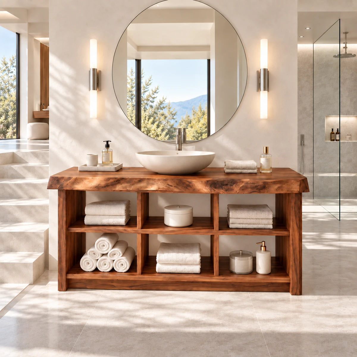 Freestanding bathroom vanity in natural solid wood with six open storage cubbies