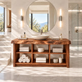 Freestanding bathroom vanity in natural solid wood with six open storage cubbies