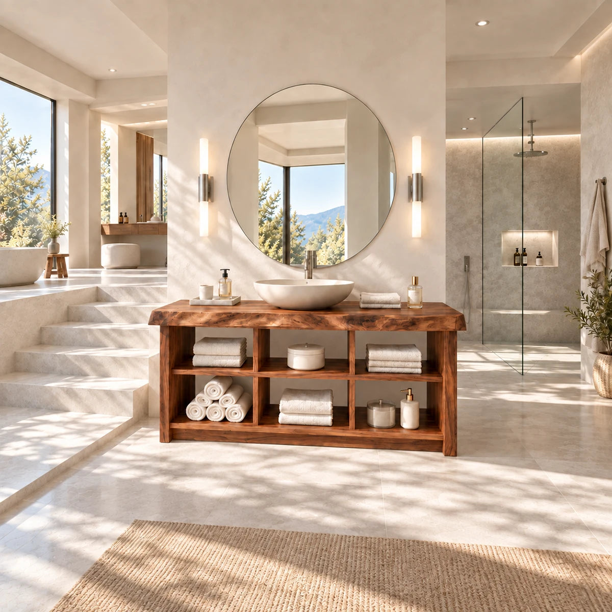 Open shelf bath vanity in natural solid wood with clean lines and roomy shelving
