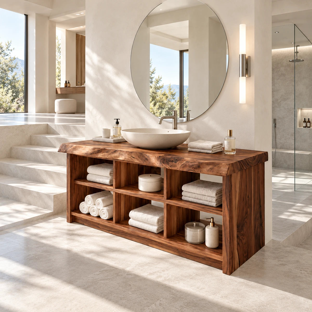 Minimalist bathroom vanity in natural solid wood with open shelving and symmetry