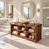 Minimalist bathroom vanity in natural solid wood with open shelving and symmetry