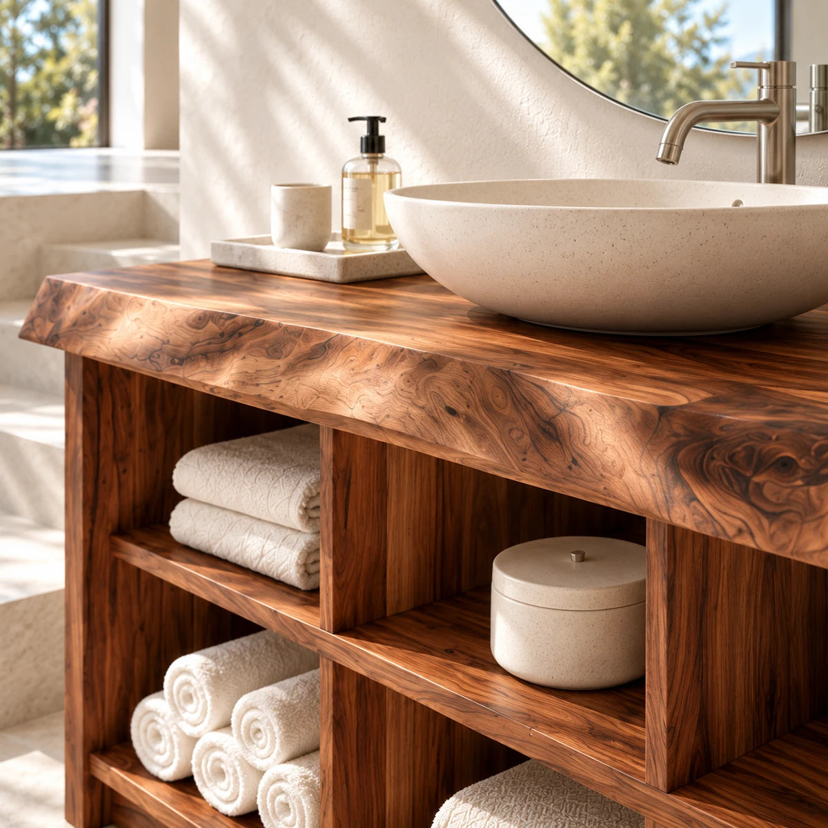 Spa inspired bath console in natural solid wood with divided open storage compartments