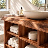 Spa inspired bath console in natural solid wood with divided open storage compartments