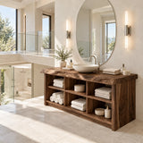 Contemporary bathroom vanity in natural solid wood with exposed storage shelving