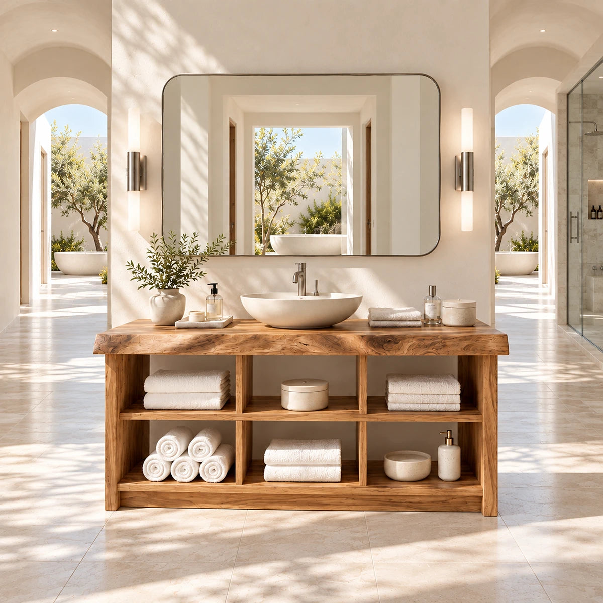 Resort style bath vanity in natural solid wood with generous open cubby storage