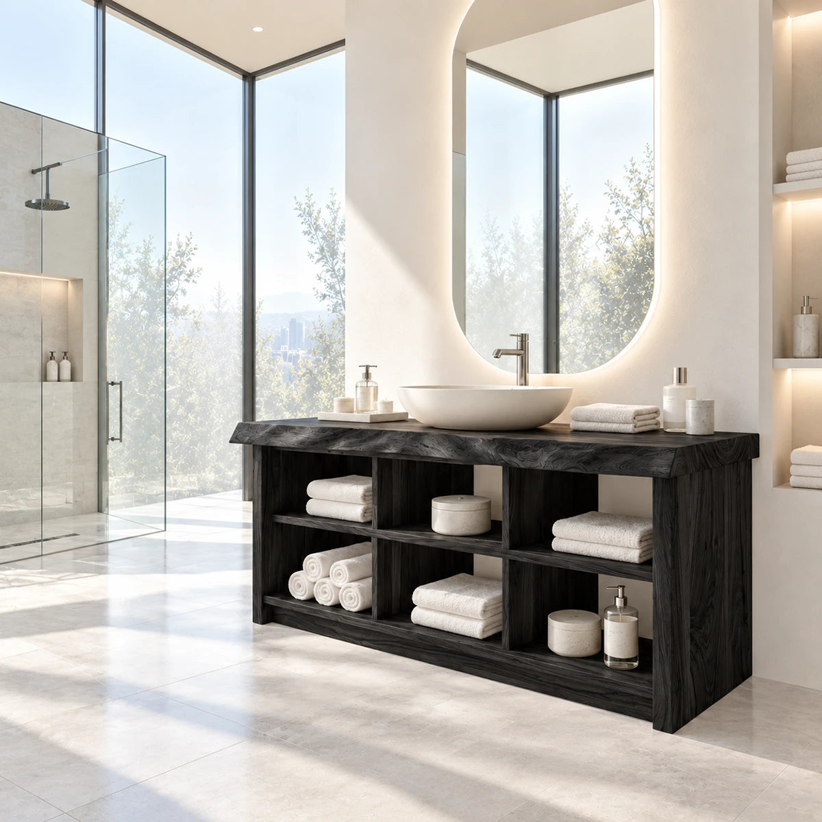 Statement vanity furniture in natural solid wood with broad shelf organization zones