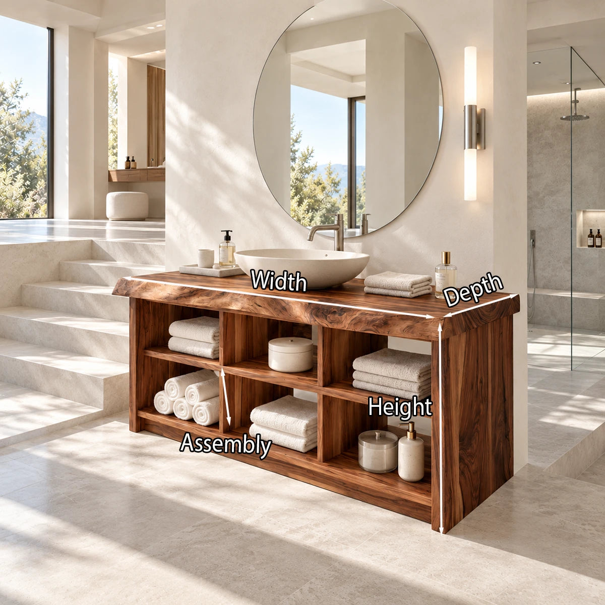 Tailored bath storage cabinet in natural solid wood with open shelving and balance