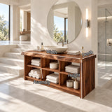 Tailored bath storage cabinet in natural solid wood with open shelving and balance