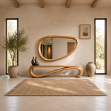 Entryway bench with continuous curved form and solid wood build for calm modern interiors