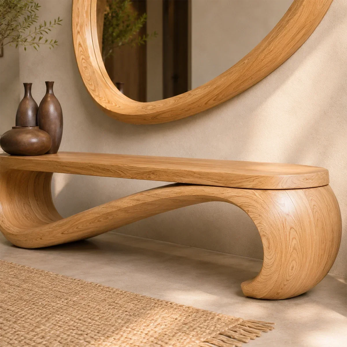 Designer bench featuring an open sculpted frame and solid wood form for elegant hallways
