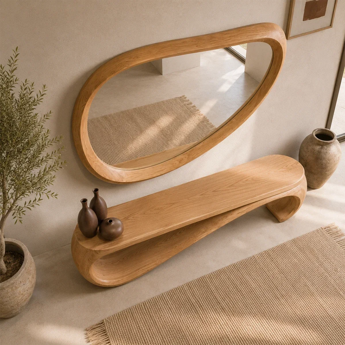 Hallway bench with fluid curved supports and handcrafted solid wood construction indoors