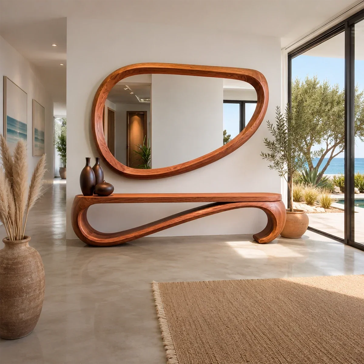 Organic bench with soft asymmetrical curves and solid wood structure for serene entry spaces