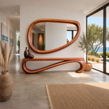 Organic bench with soft asymmetrical curves and solid wood structure for serene entry spaces