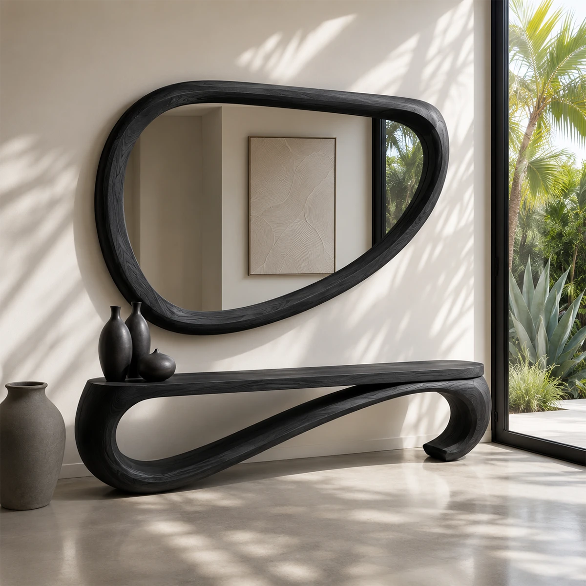 Contemporary bench with sculptural loop profile and smooth wood finish for modern homes
