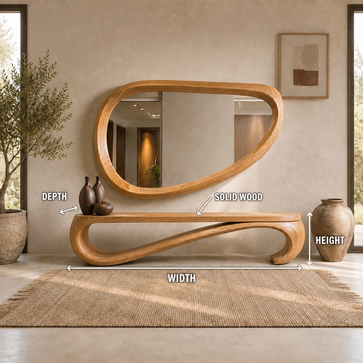 Handcrafted bench with continuous curved frame and open center for sophisticated interiors