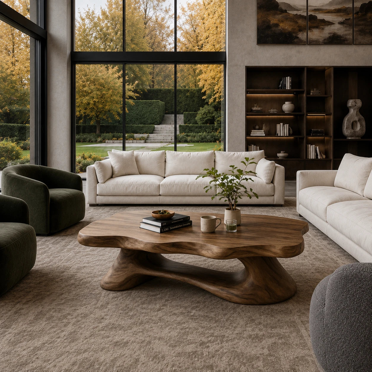 Organic coffee table with sculpted base and freeform solid wood top for refined rooms