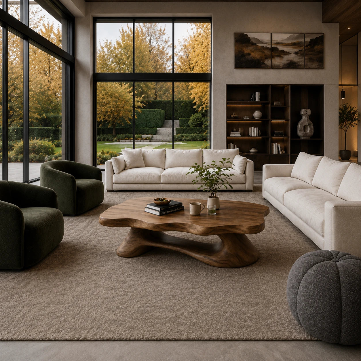 Handcrafted coffee table with flowing contours and bold solid wood base for modern homes