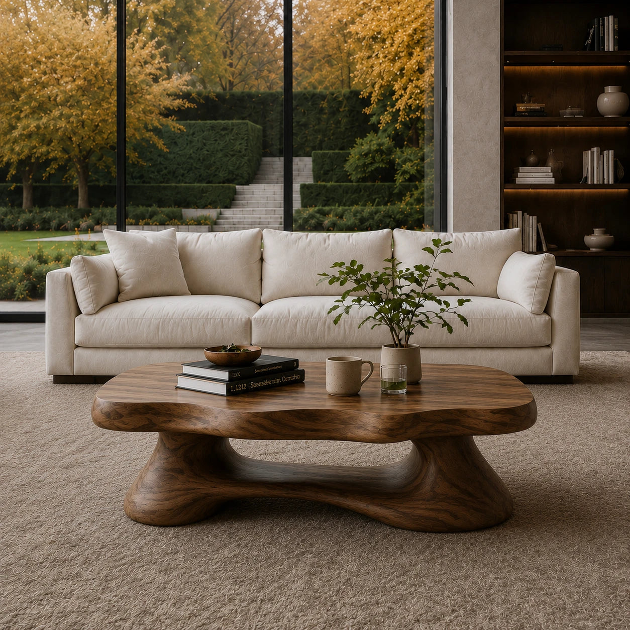 Modern coffee table with rounded freeform top and sculptural base for elegant interiors