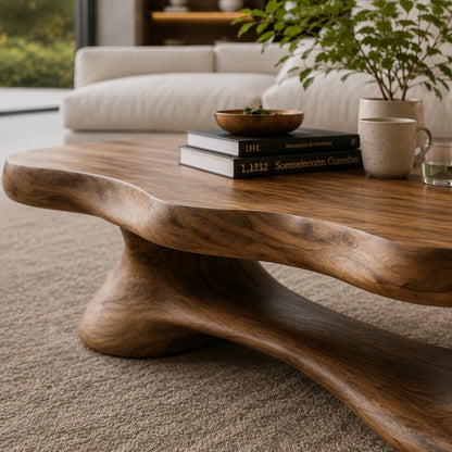 Low profile coffee table with organic edges and curved solid wood base for relaxed spaces