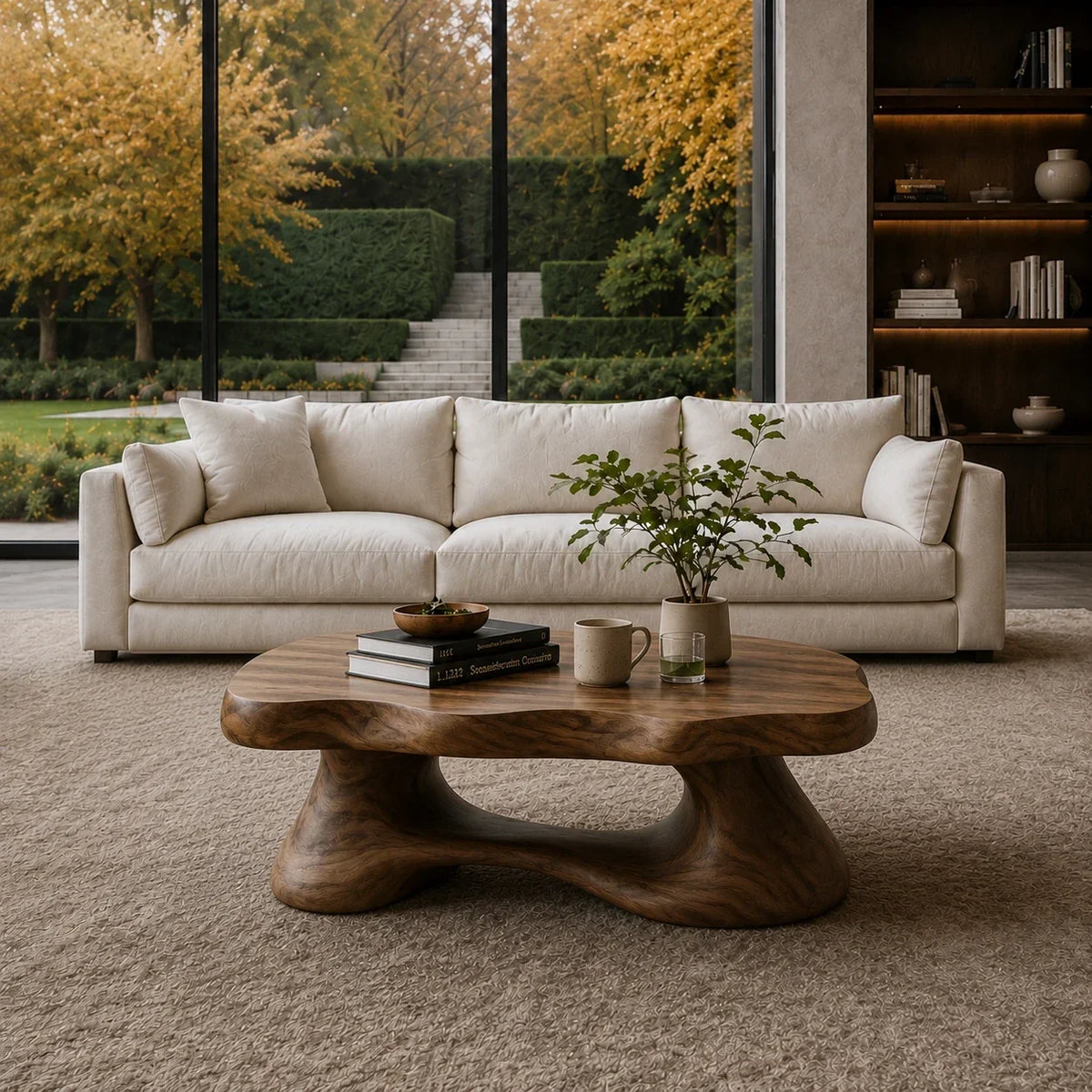 Premium coffee table with rounded contours and low sculpted base for elegant interiors