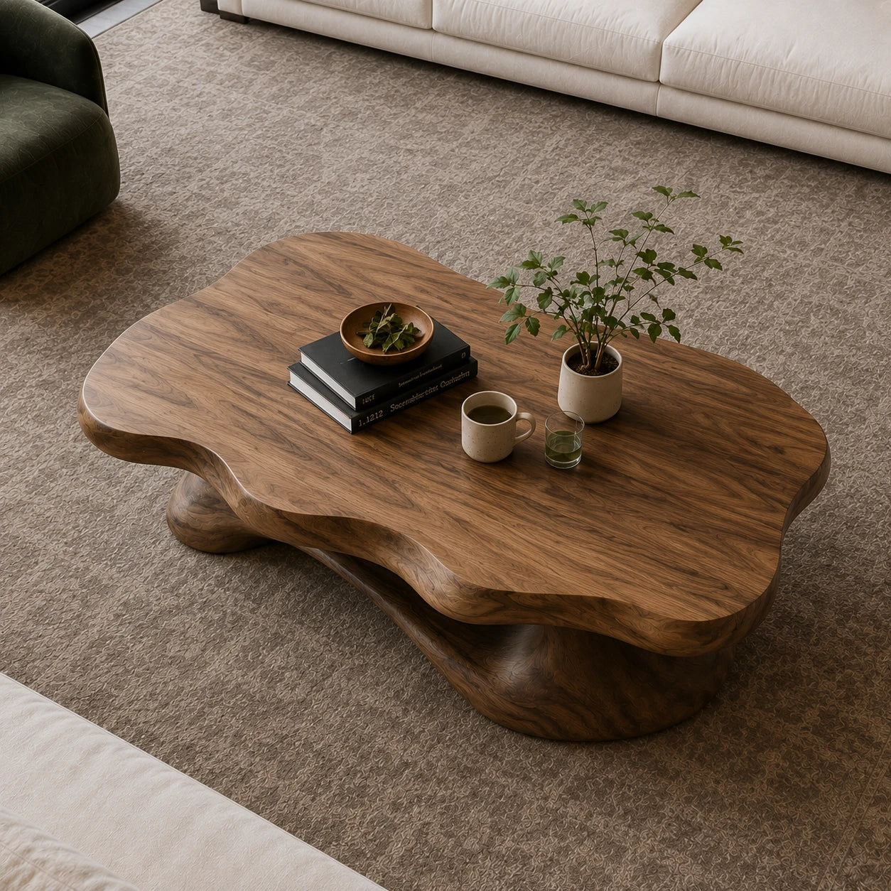 Designer coffee table with fluid silhouette and handcrafted solid wood base for lounges